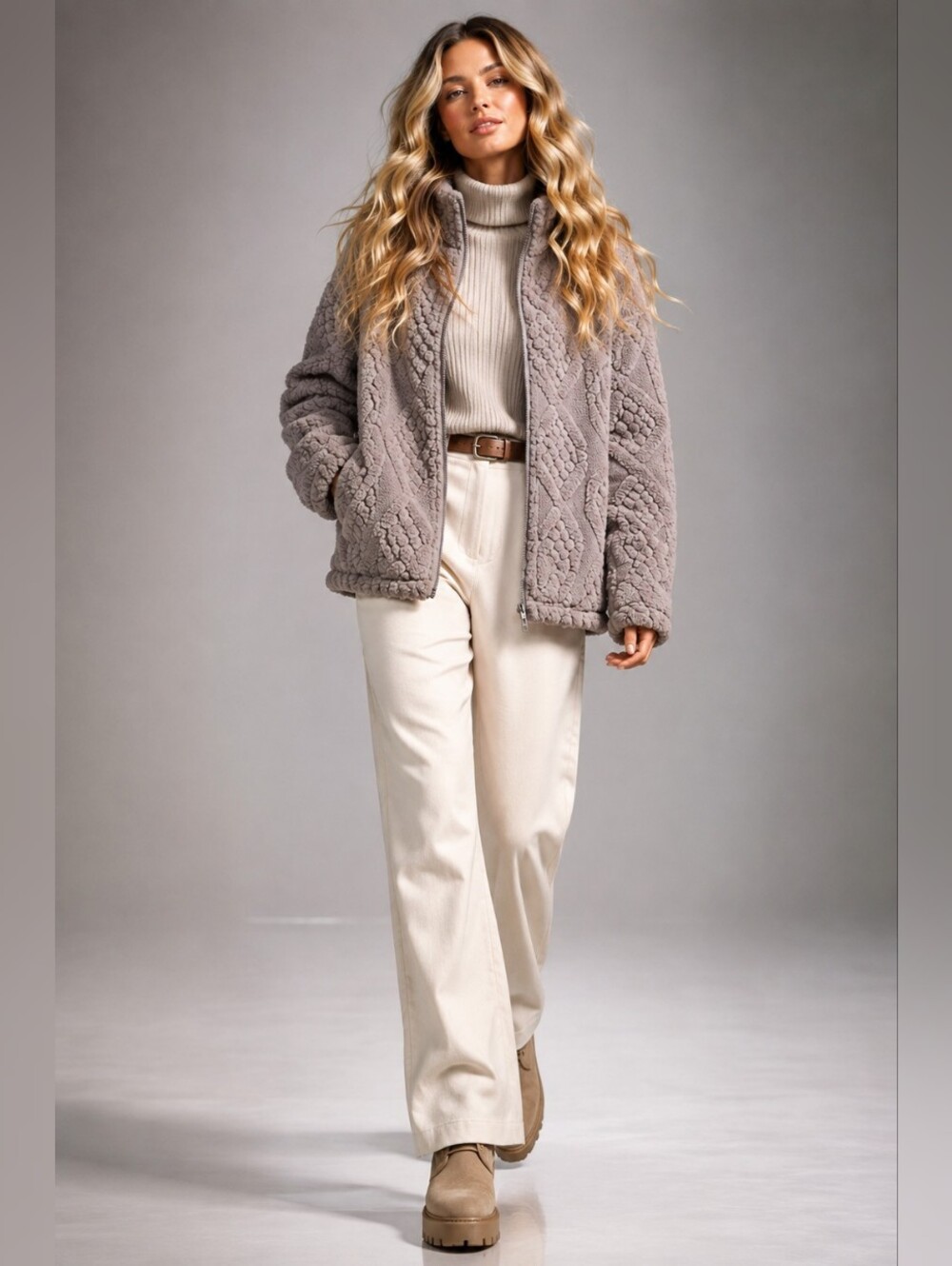 Gilly Hicks Sherpa Fleece Quarter Zip Pullover Jacket Taupe Size Small